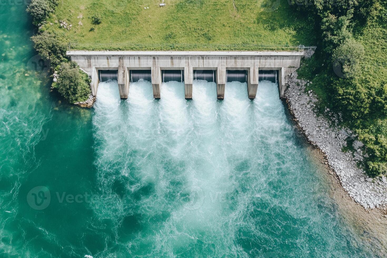 An aerial view of a dam with water flowing through it photo