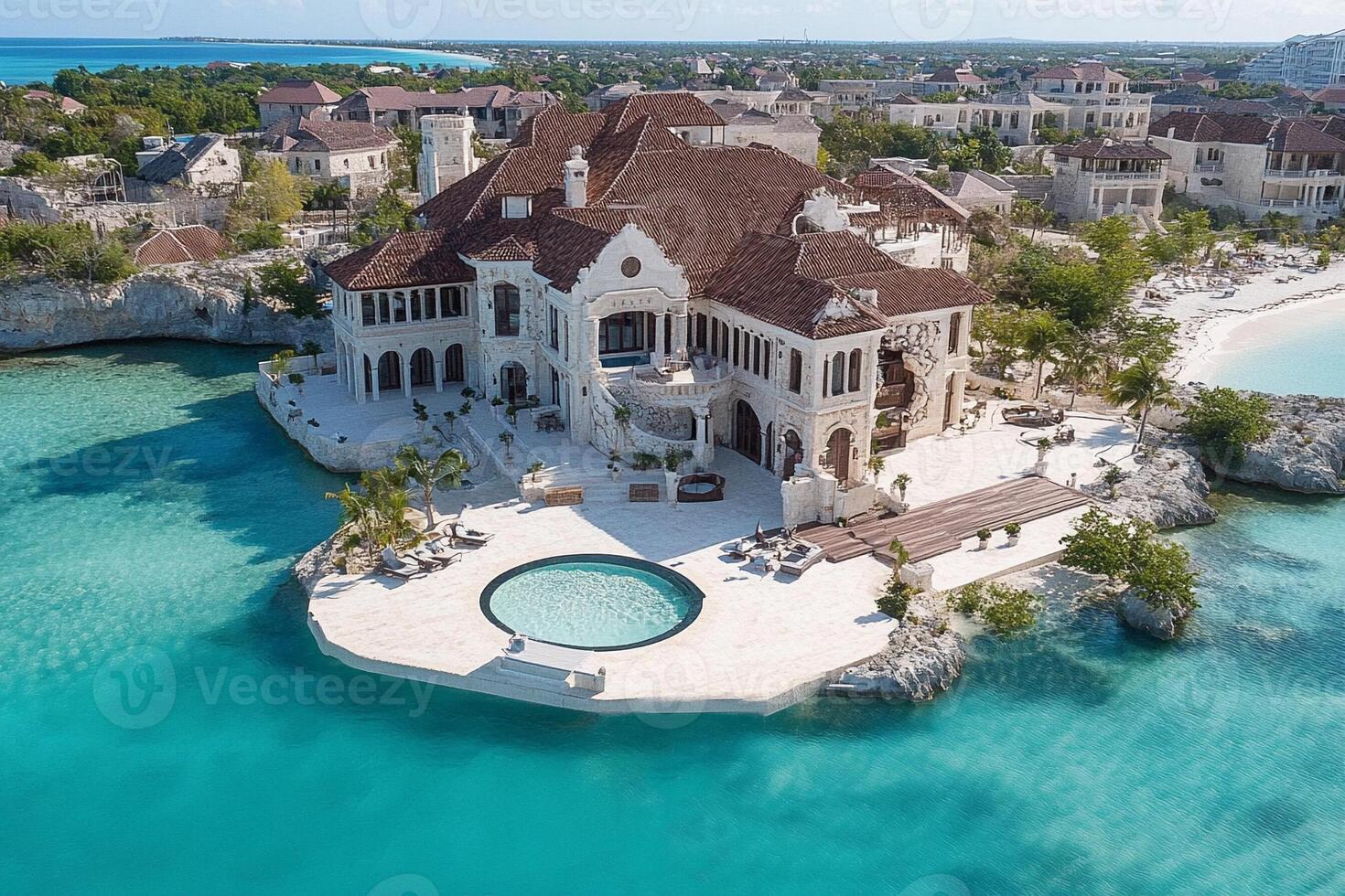 An island with a large mansion on it photo