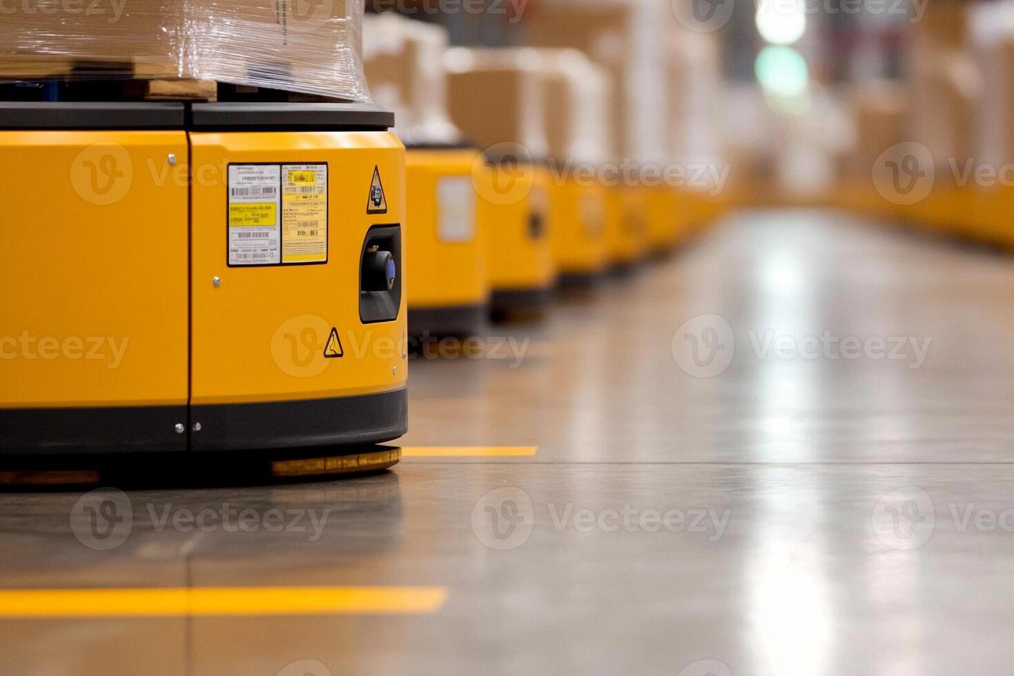 A row of yellow robots in a warehouse photo