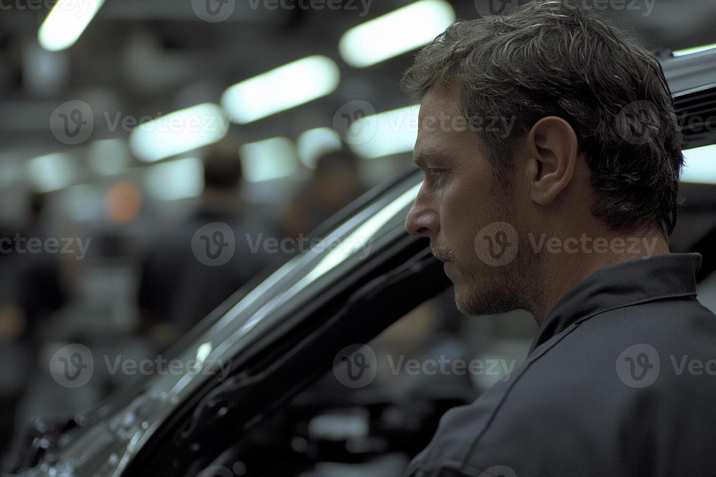 A man in a black shirt and black jacket looking out the window of a car photo