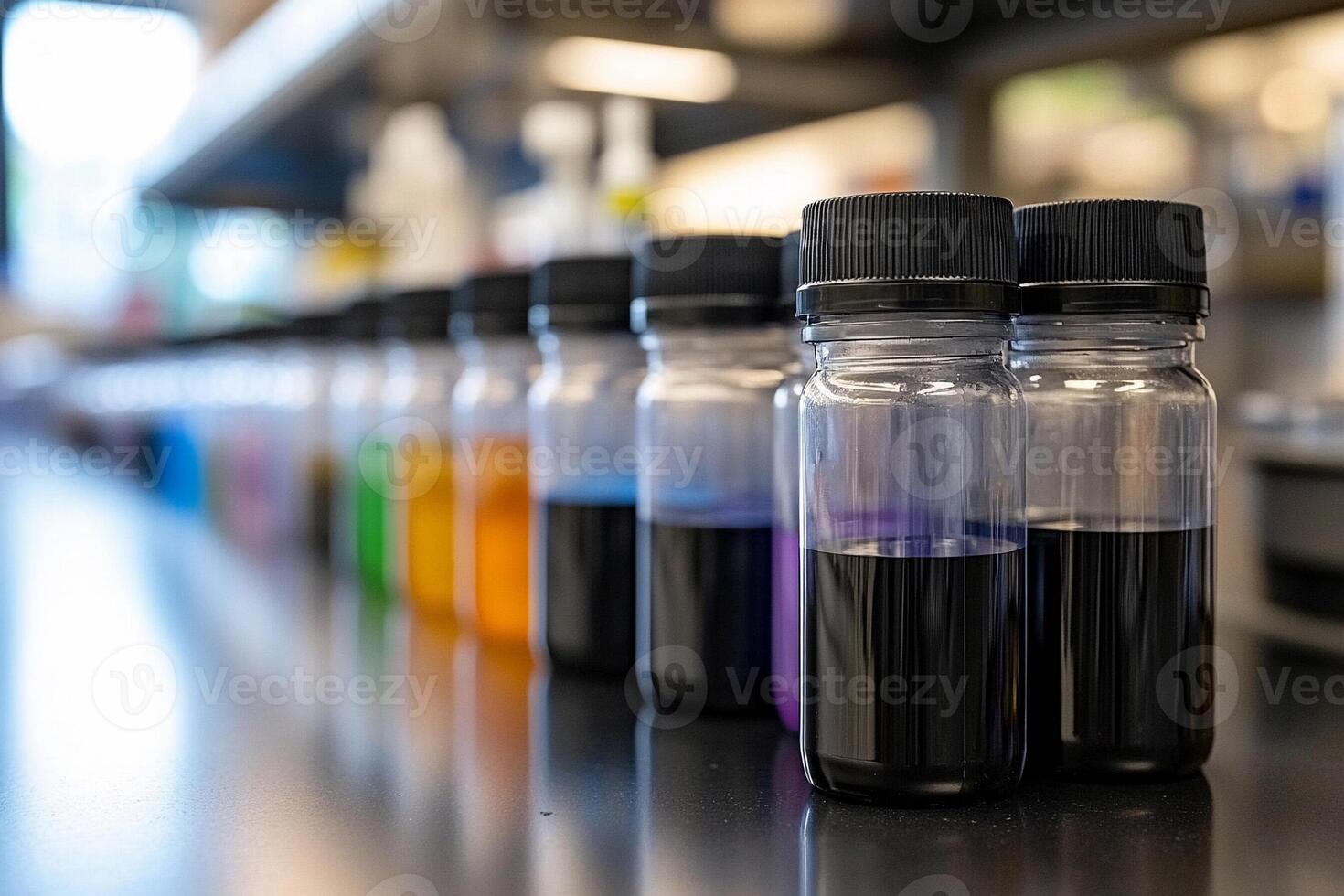 A row of test tubes with different colored liquids photo