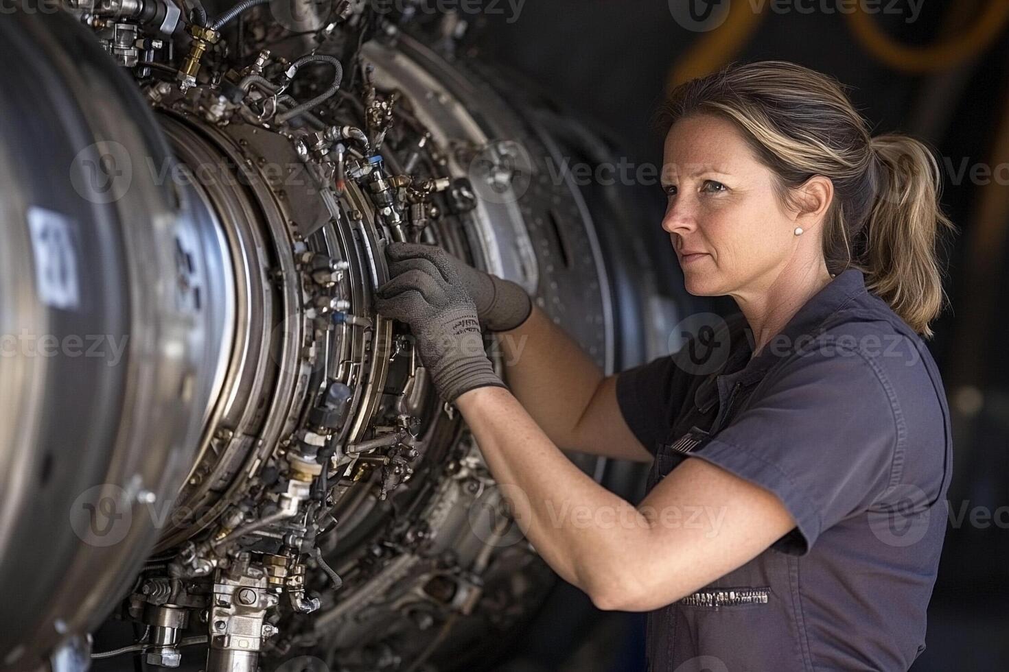 A woman working on a jet engine in an airplane photo