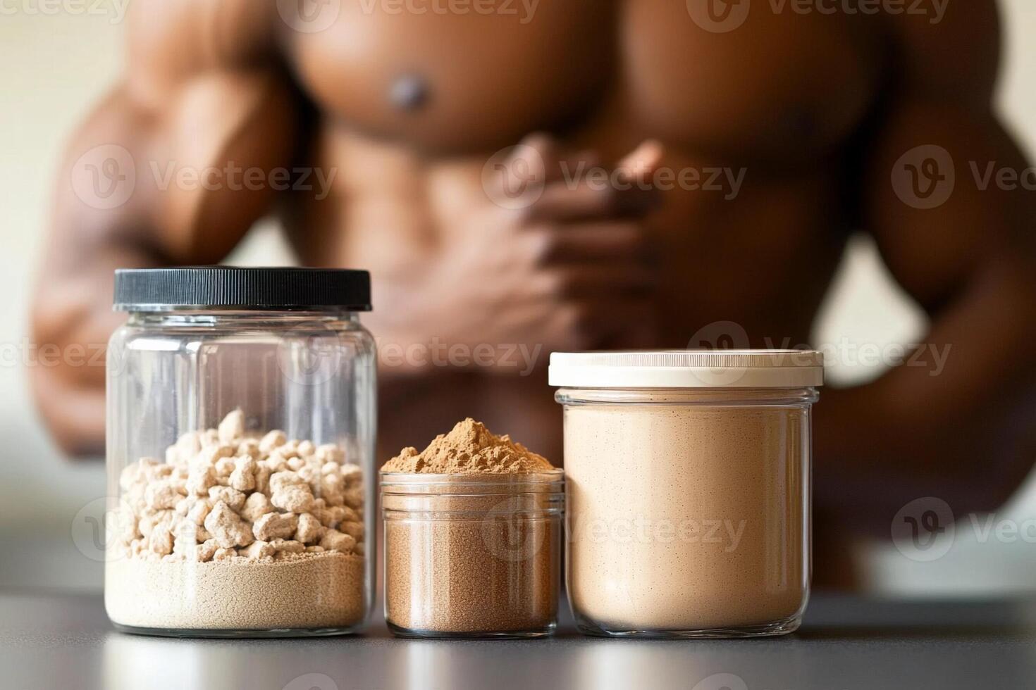 A man is holding a jar of protein powder photo