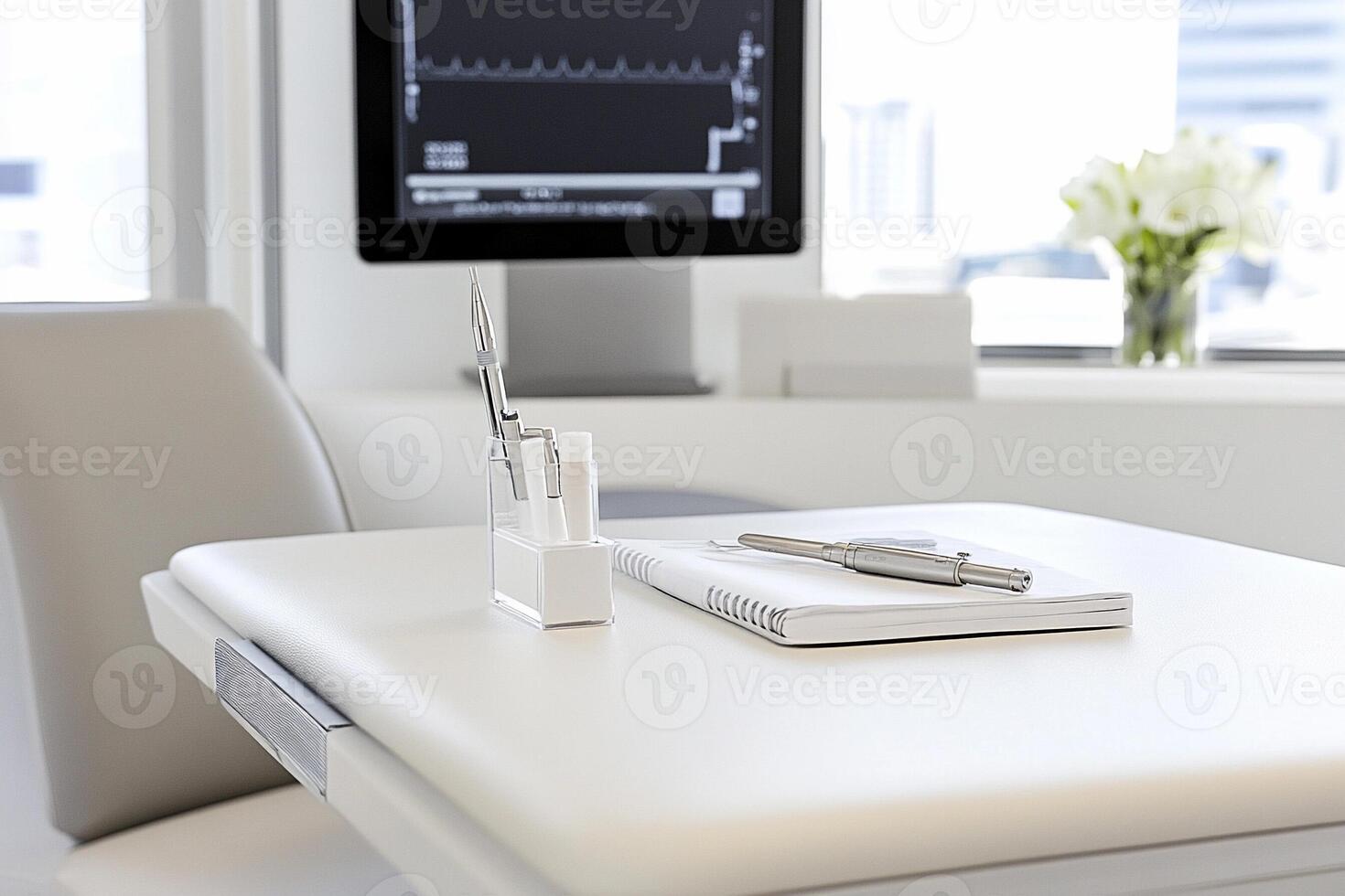 A white desk with a computer monitor and a pen photo