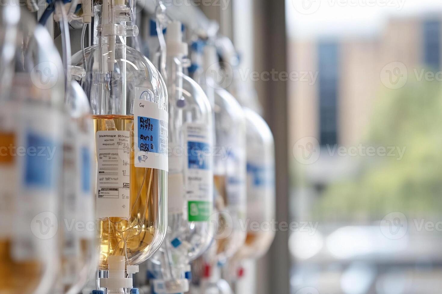Several bottles of liquid are hanging on a wall photo