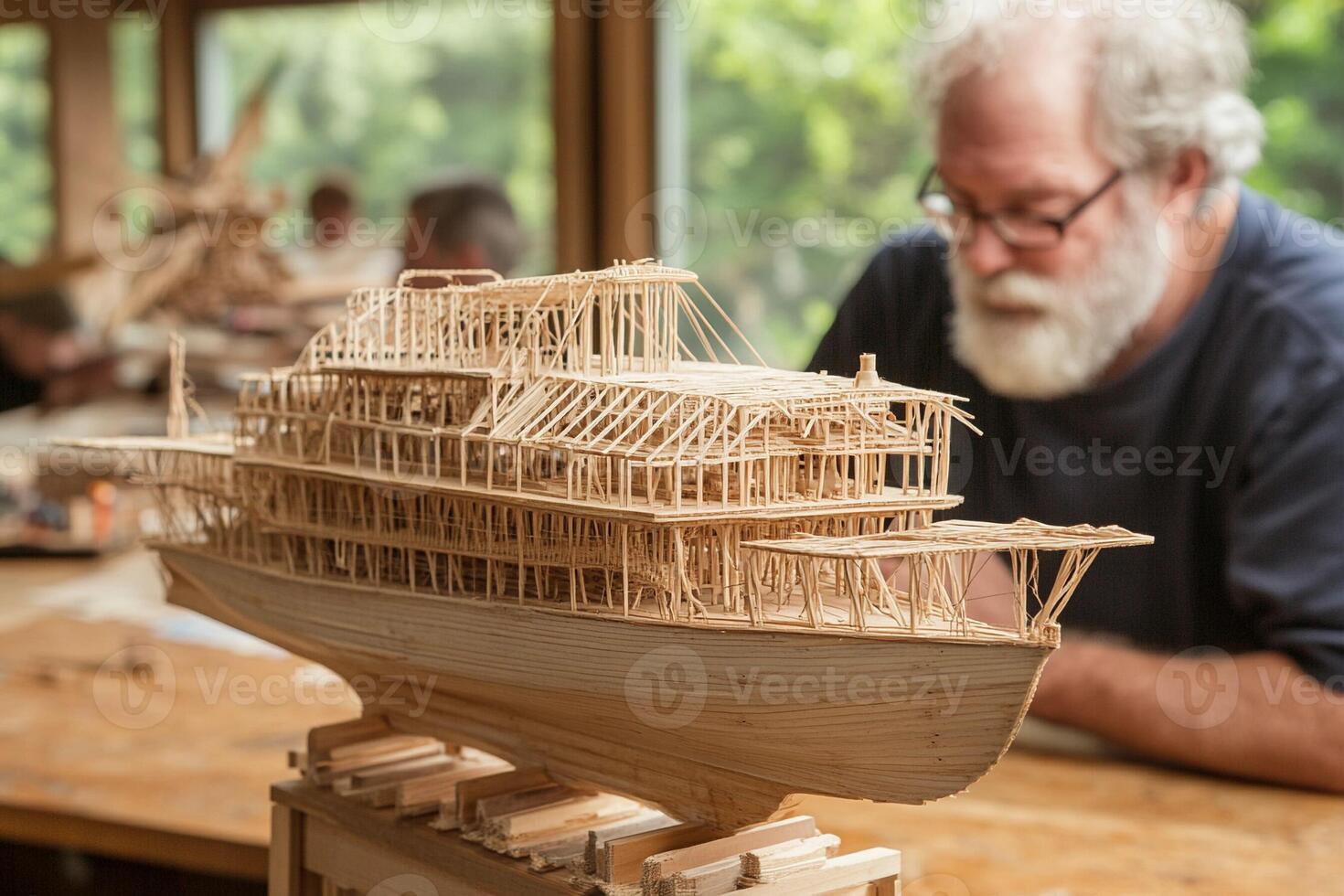 A man is working on a wooden model of a ship photo