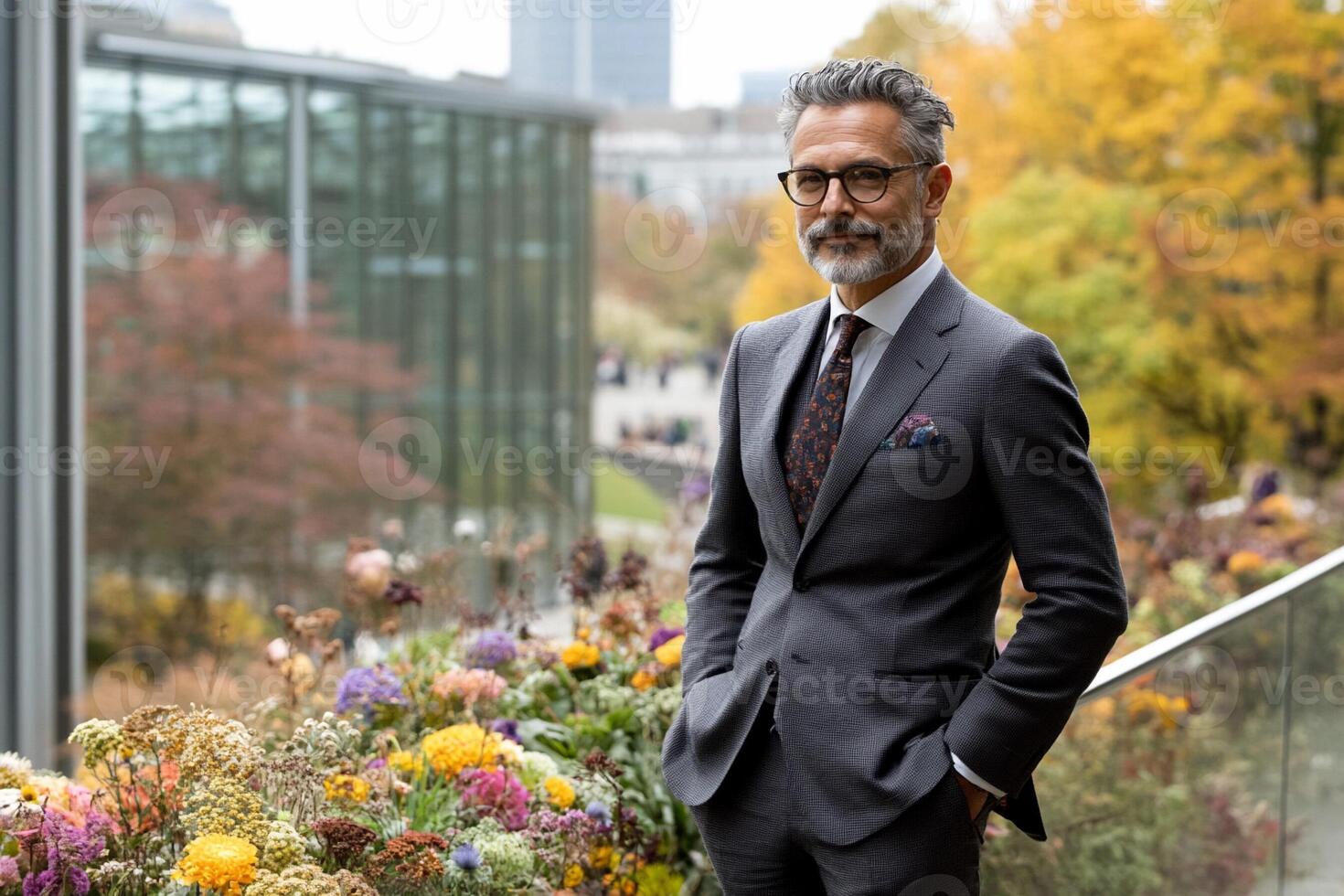 A man in a suit and tie standing in front of flowers photo