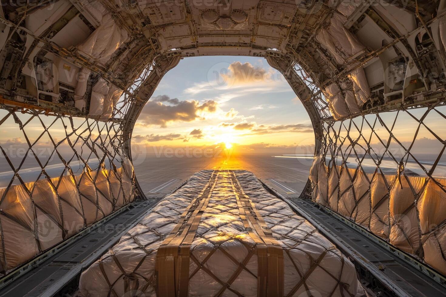 The sun sets over the ocean from inside an airplane photo
