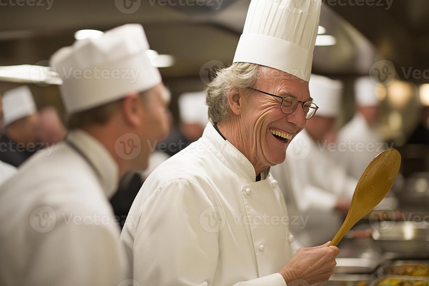 A chef holding a wooden spoon photo