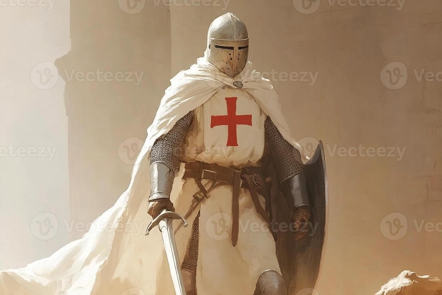 A knight in armor with a red cross on his chest photo
