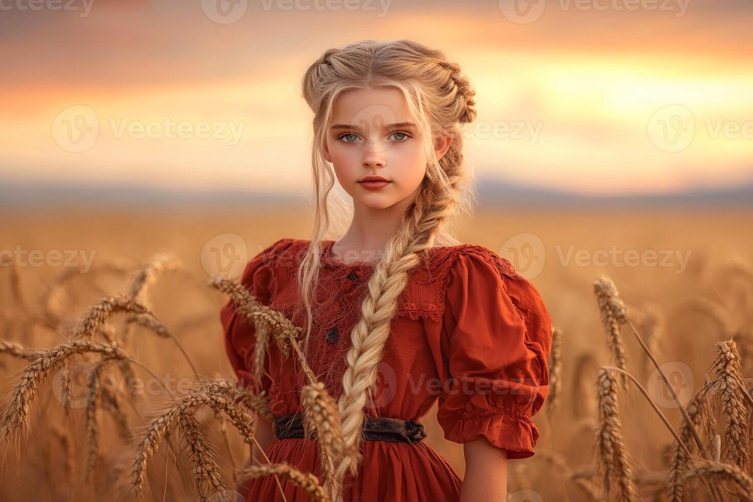 A beautiful young girl in a red dress stands in a field of wheat photo