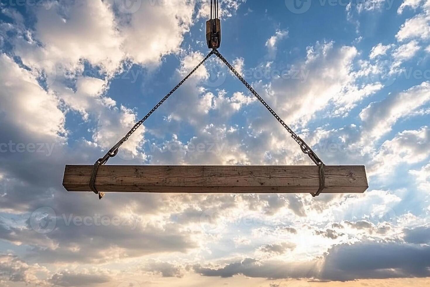 A wooden beam suspended in the air with a cloudy sky photo