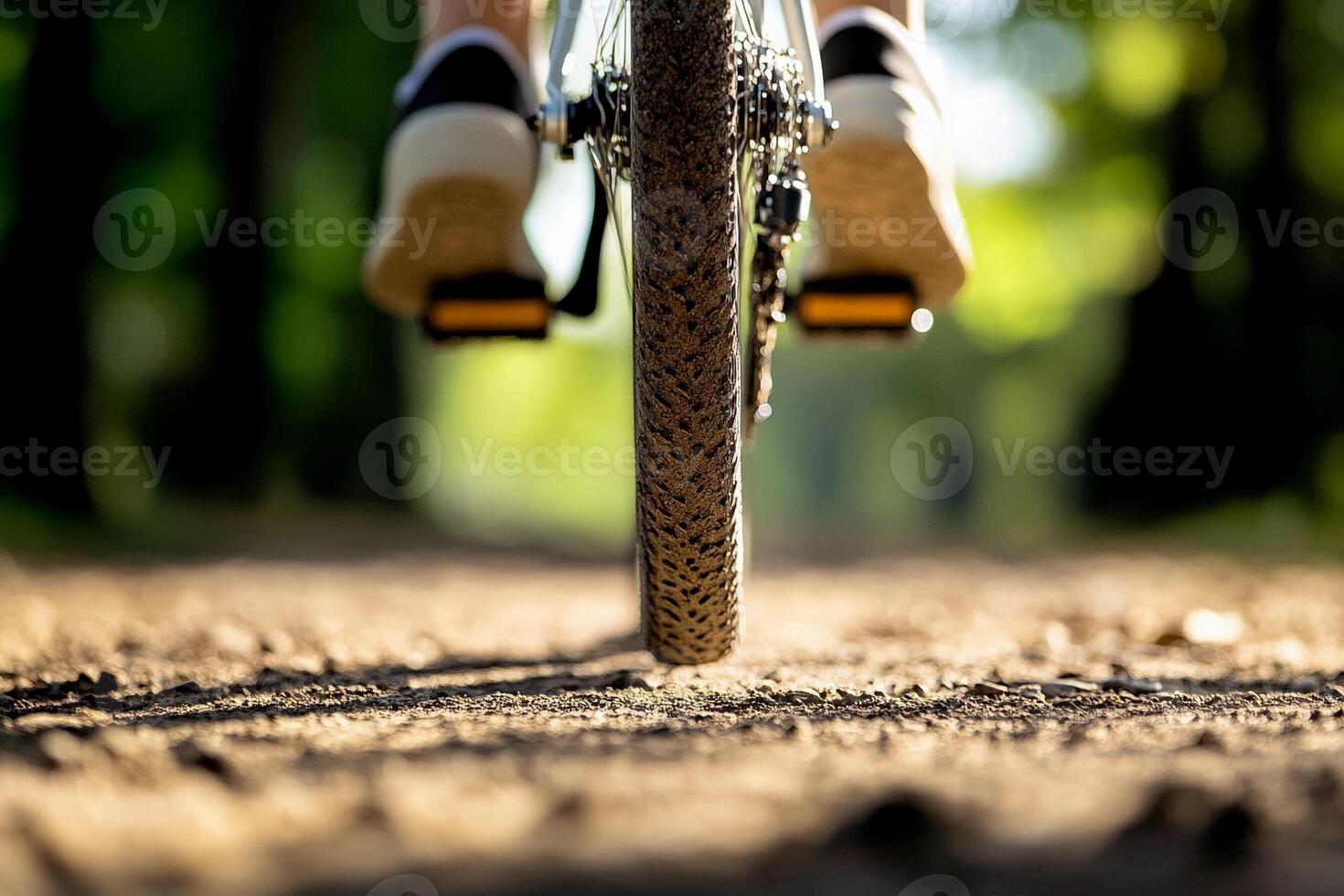 A person riding a bike on a dirt road photo