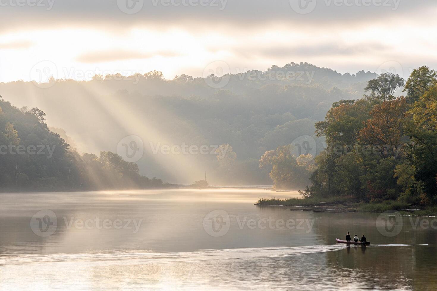A boat on a river with trees in the background photo
