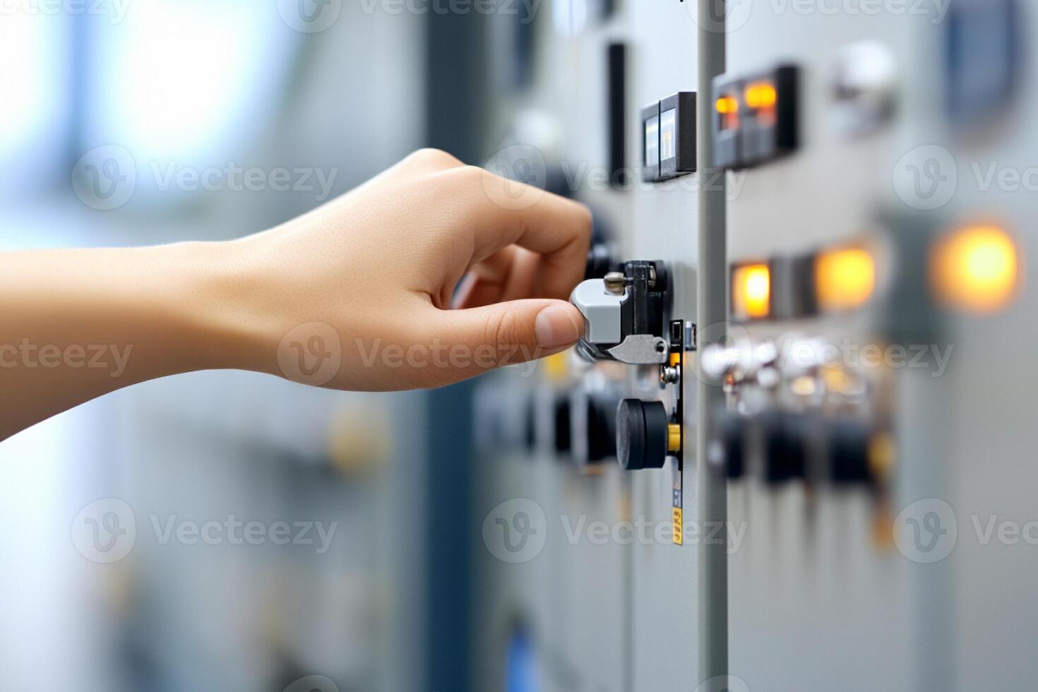 Hand on control panel of electrical panel photo