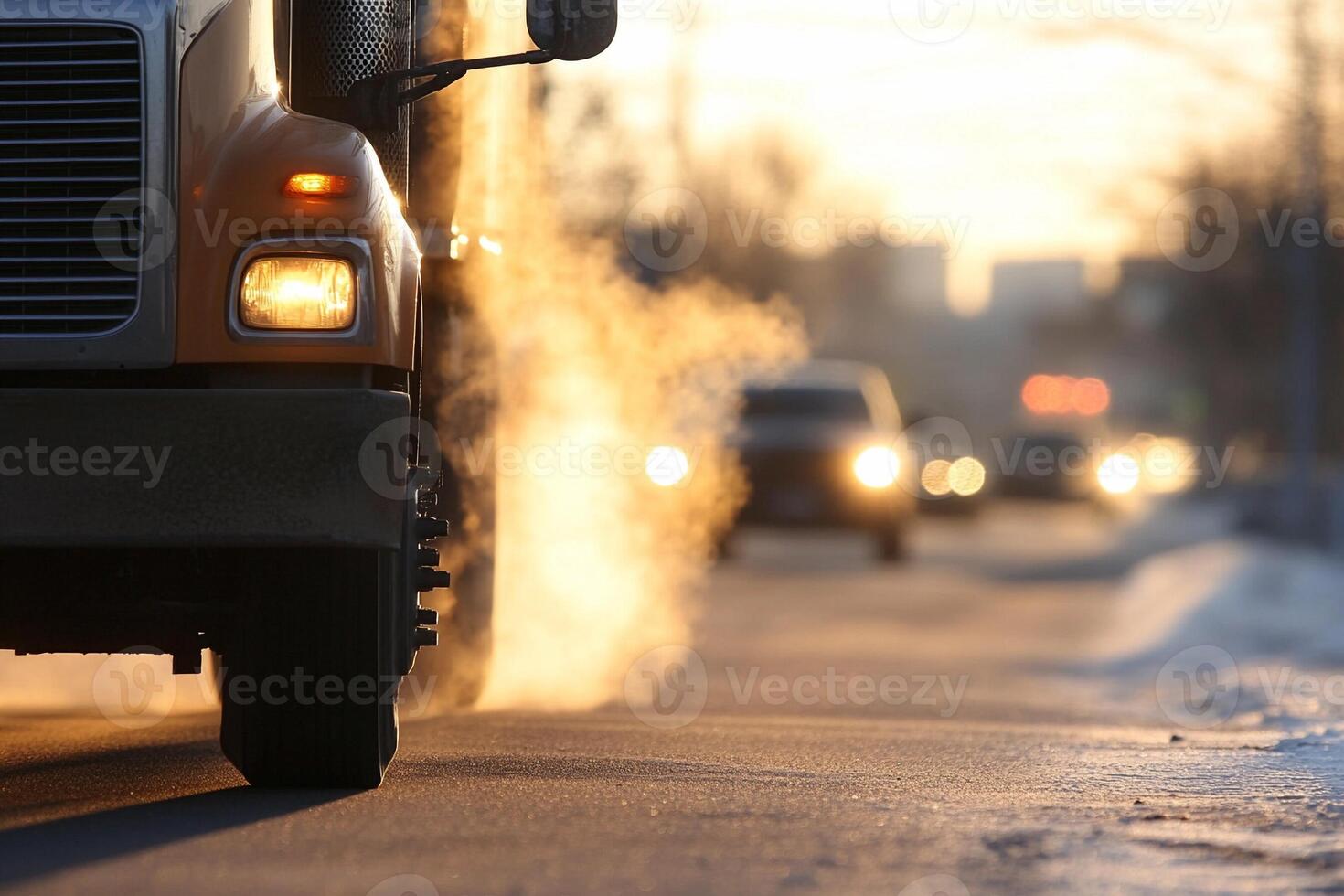 A truck driving down a road with smoke coming out of the back photo