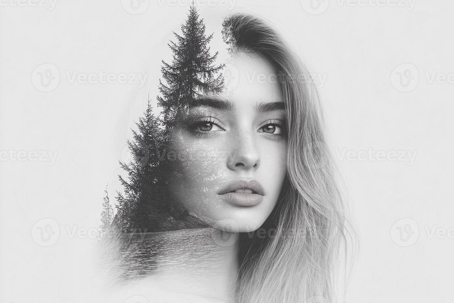 A woman with long hair and a forest in the background photo