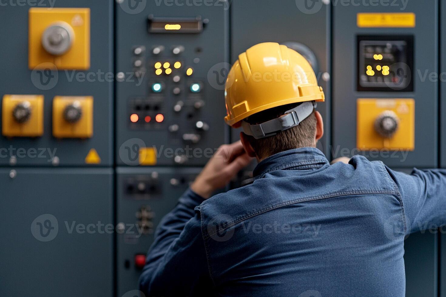 A man in a hard hat is working on a control panel photo