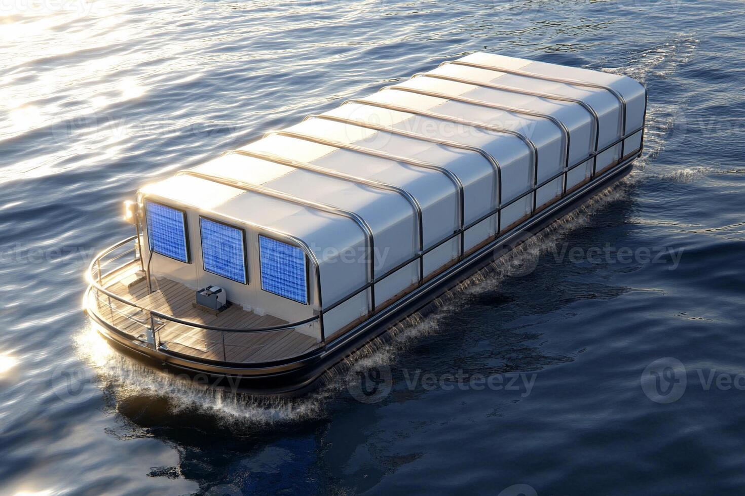 A floating houseboat with a large deck on the water photo
