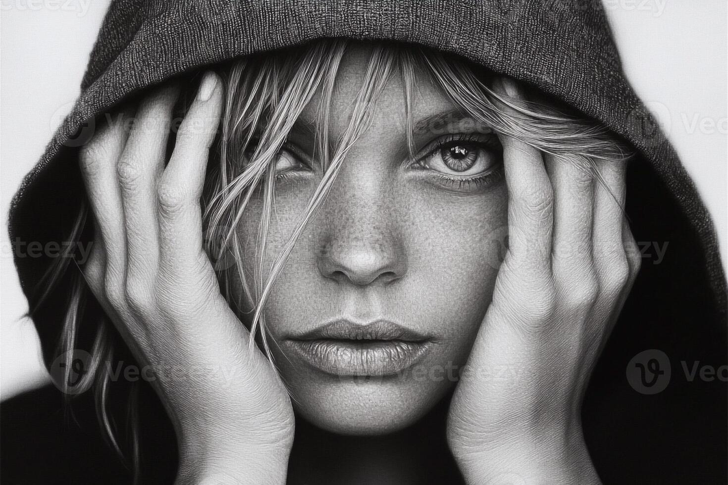 A woman with a hoodie covering her face photo