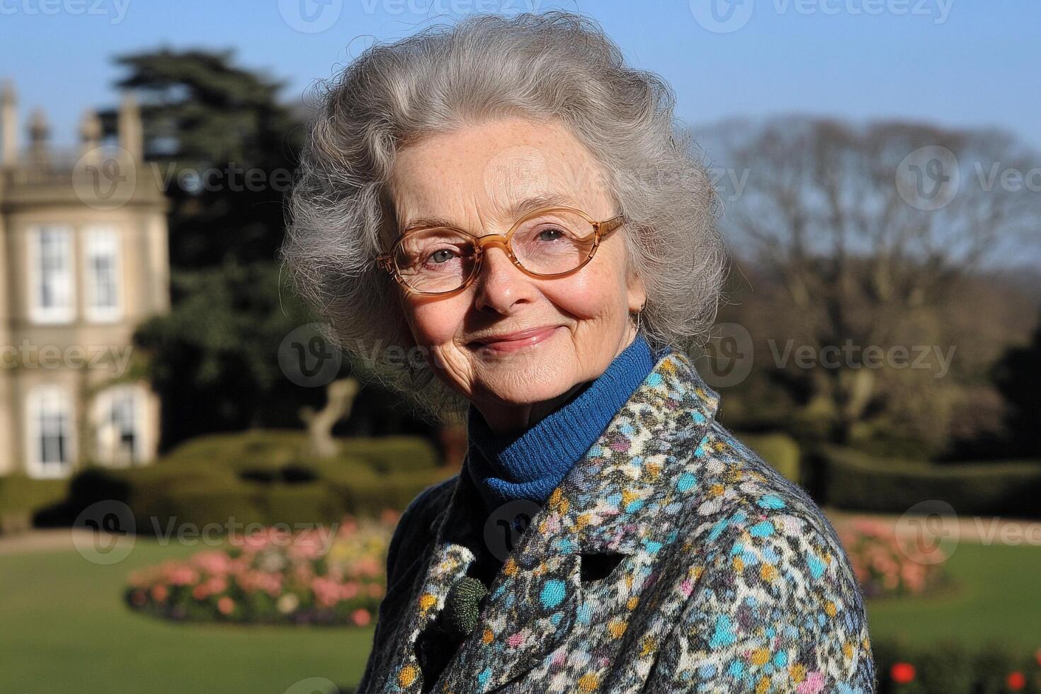 An older woman wearing glasses and a floral jacket photo