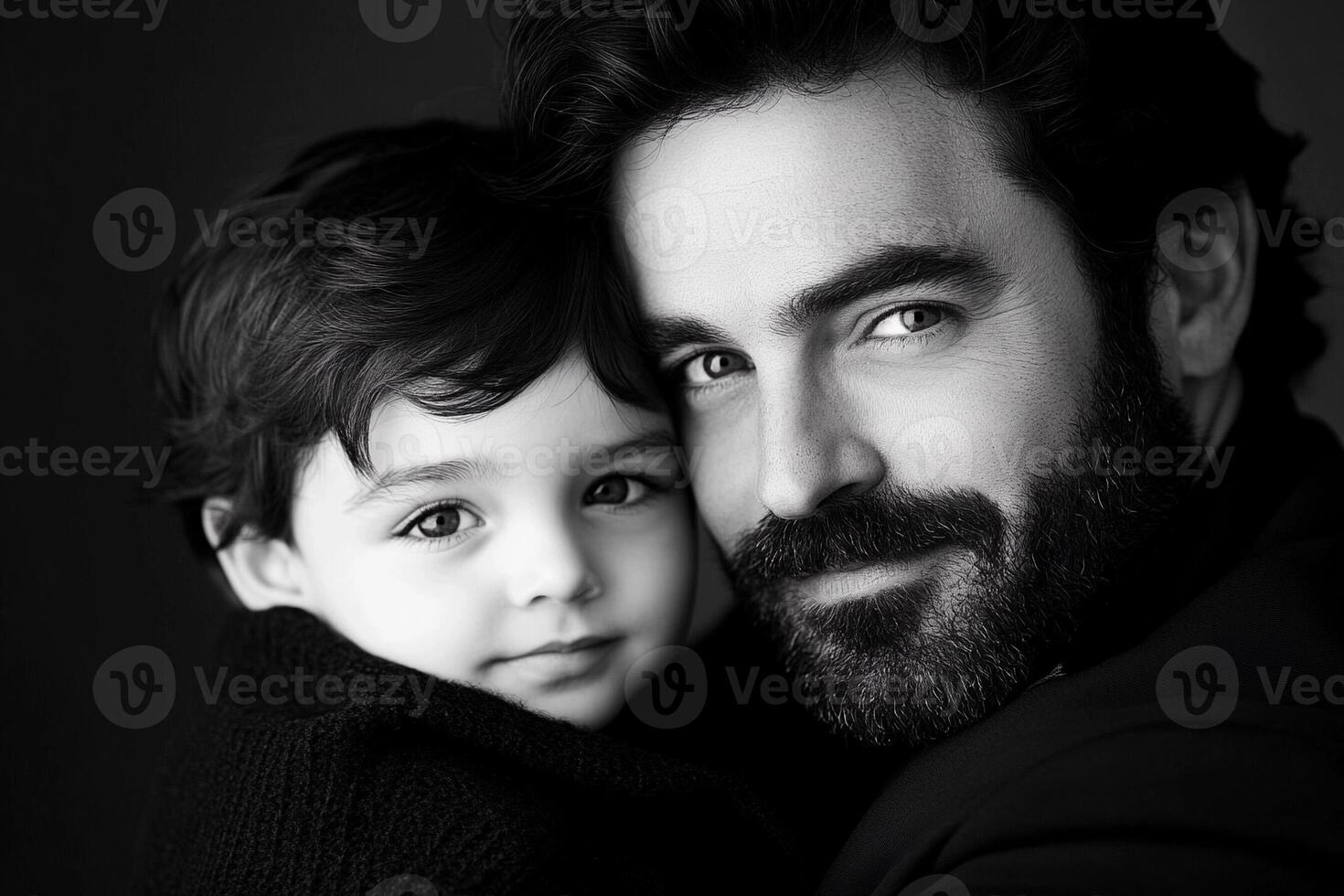 A man with a beard and a child in a black and white photo