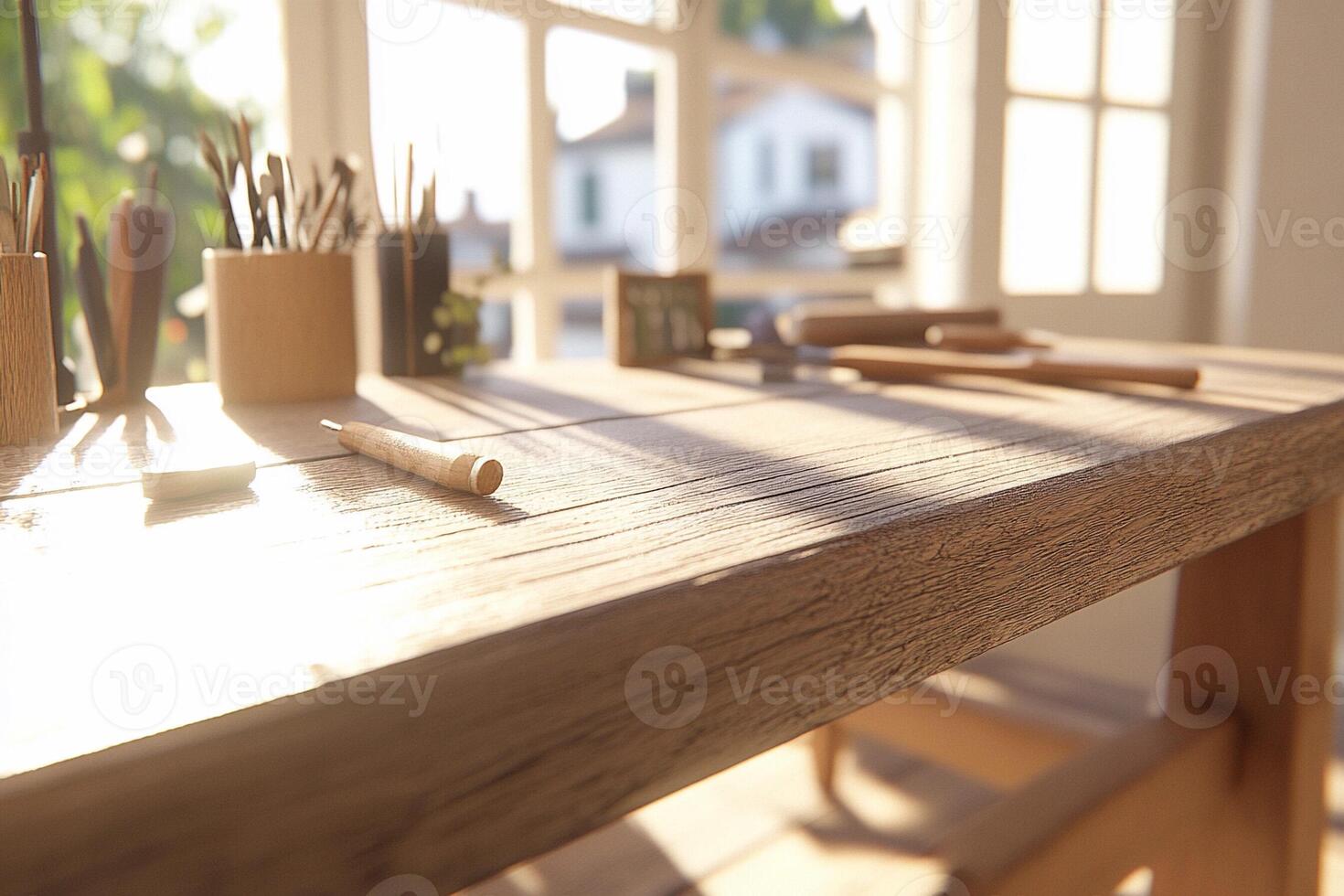 A wooden desk with a pencil and a bottle of water photo