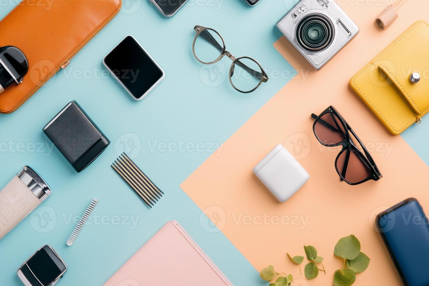 Many different items are arranged on a colorful surface photo