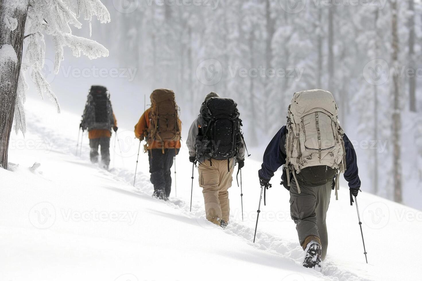 A group of people with backpacks walking up a snowy slope photo