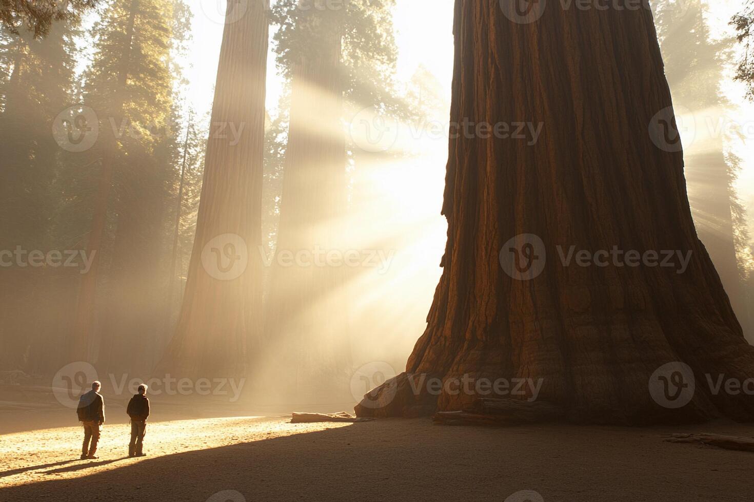 Two people standing in front of a large tree photo