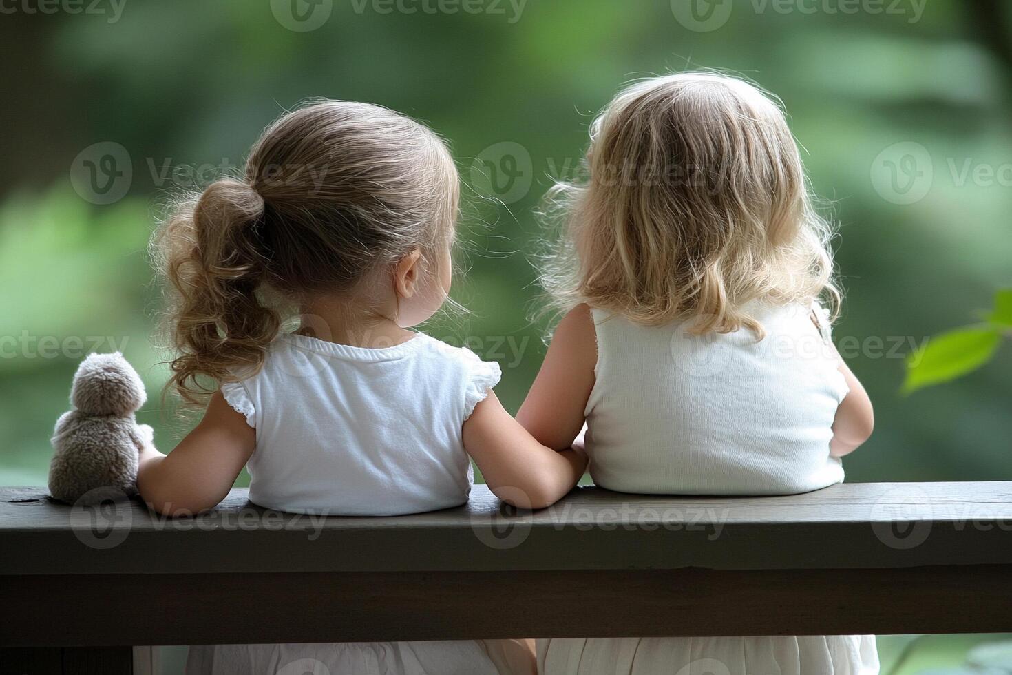Two little girls sitting on a bench looking at each other photo