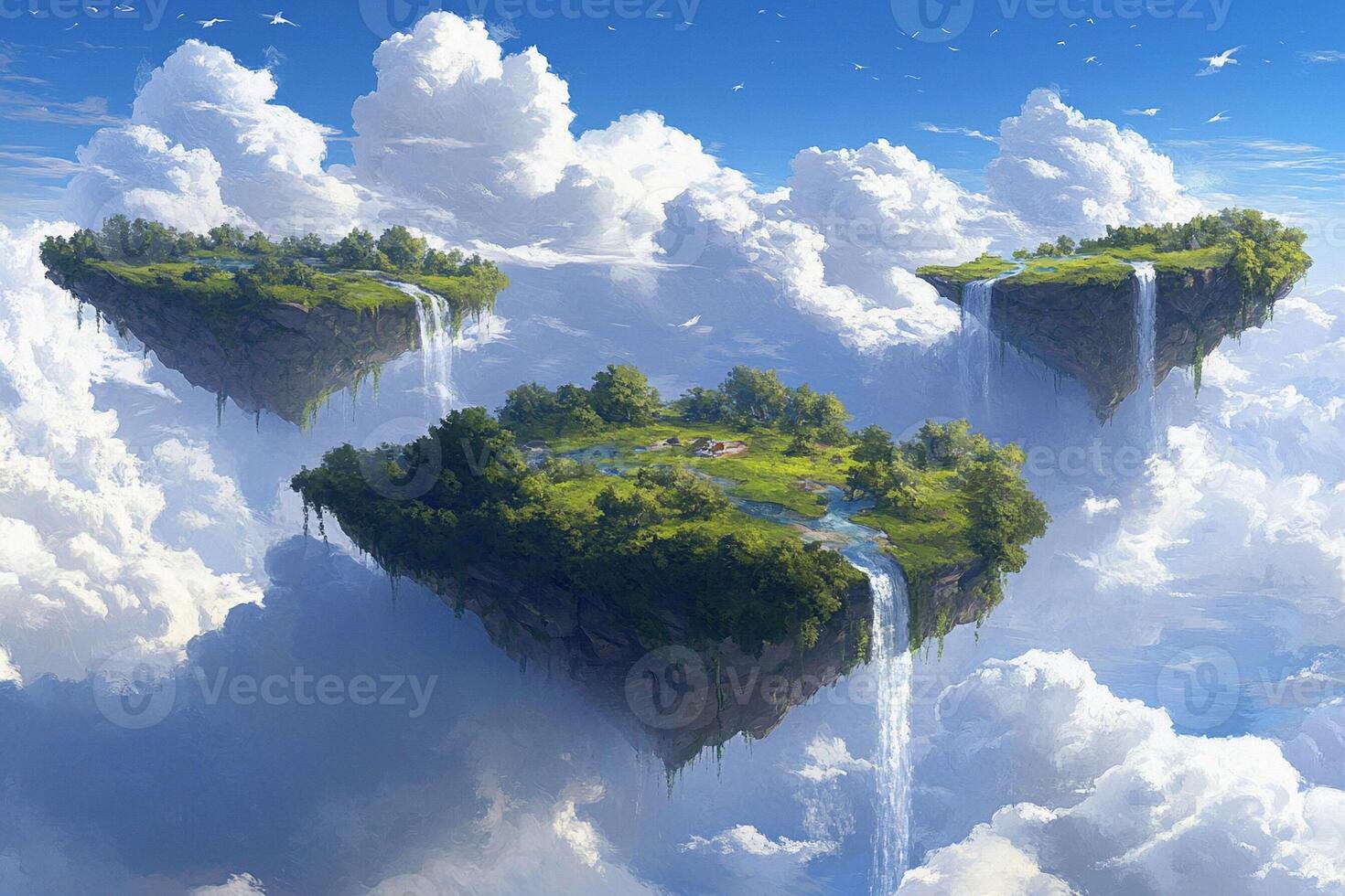 Three islands floating in the sky with waterfalls photo