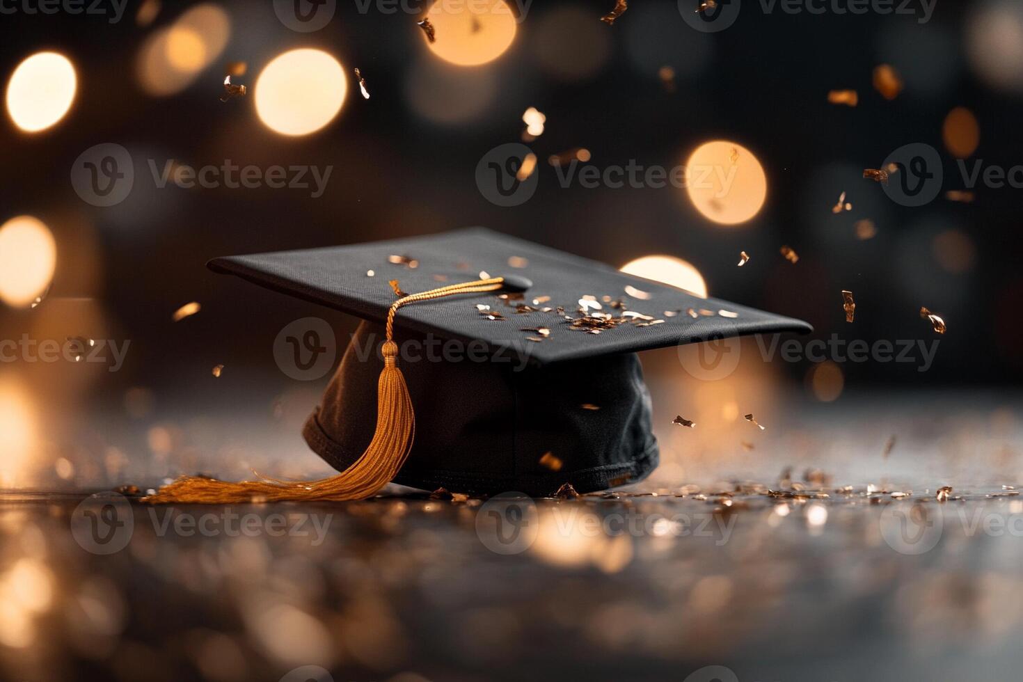 Graduation cap on the table with confetti and bokeh effect photo