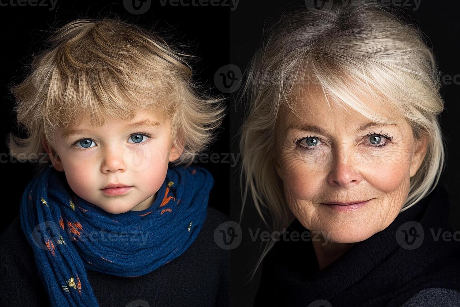 Two pictures of an older woman and a young boy photo