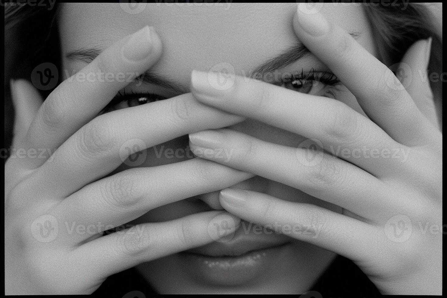 A woman covering her eyes with her hands photo