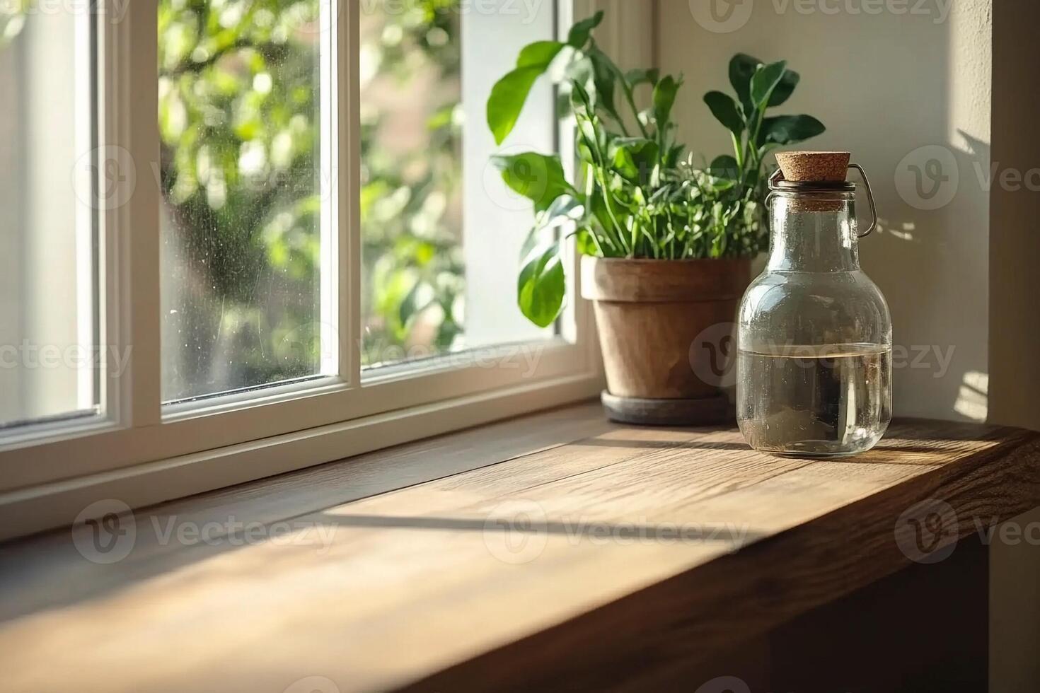 A bottle of water sits on a window sill next to a plant photo