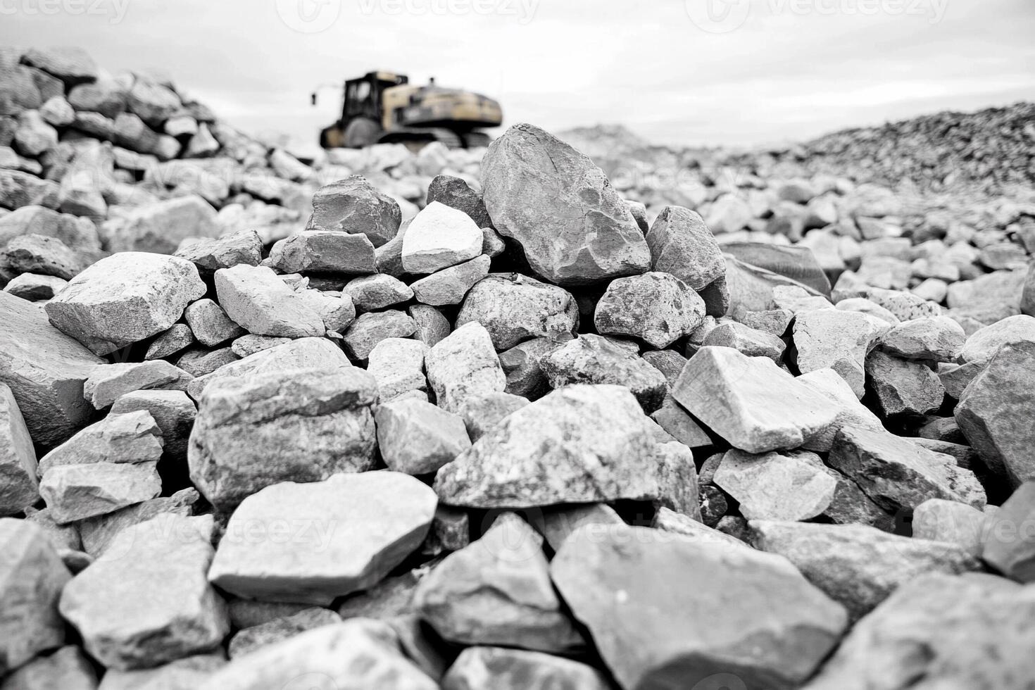 A bulldozer is sitting on top of a pile of rocks photo