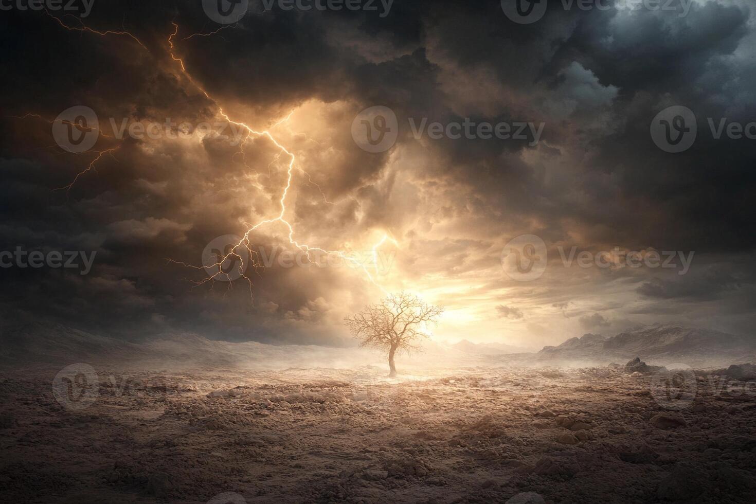 A lone tree stands in the middle of a field with lightning coming from the sky photo