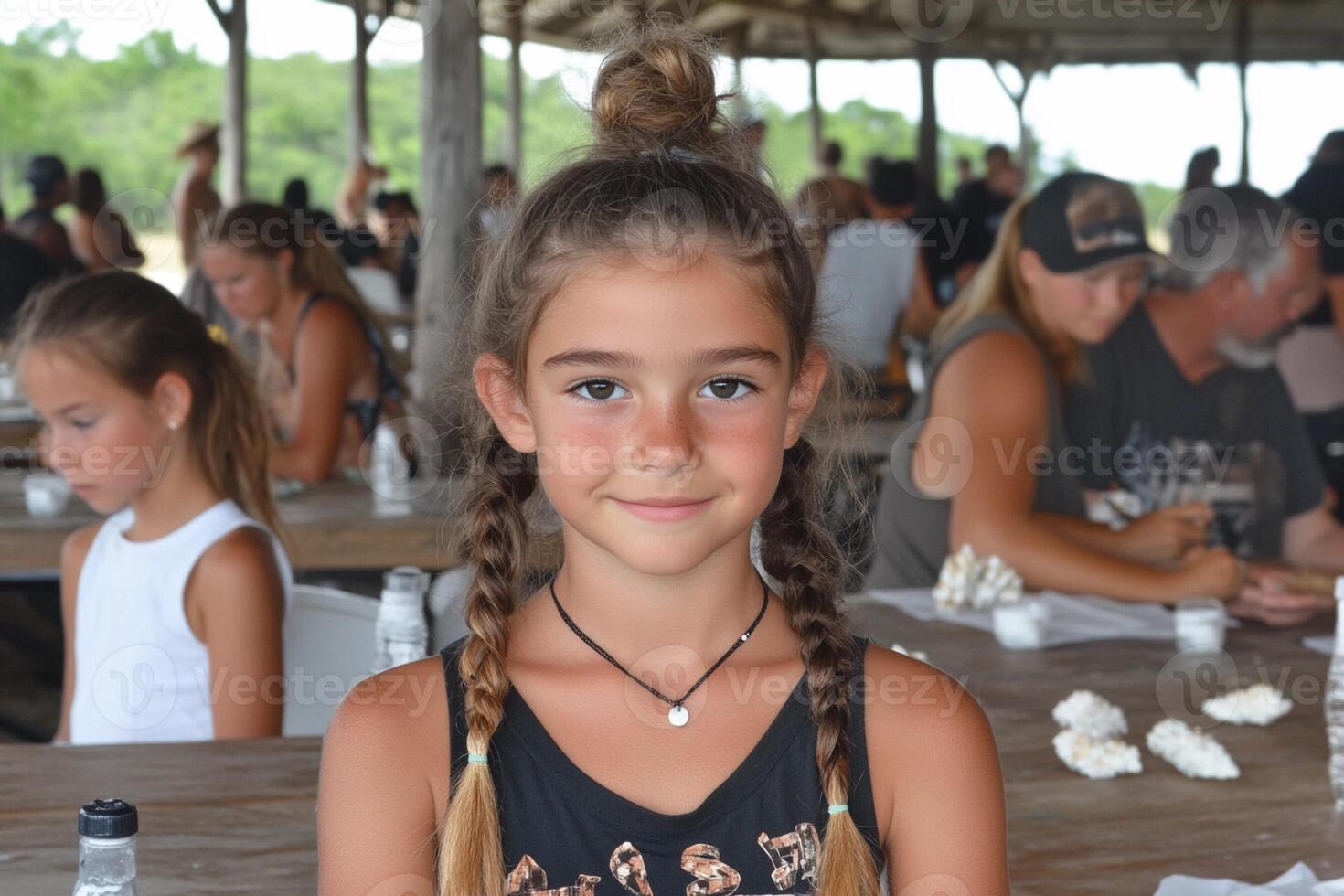 A young girl with braids sitting at a table photo