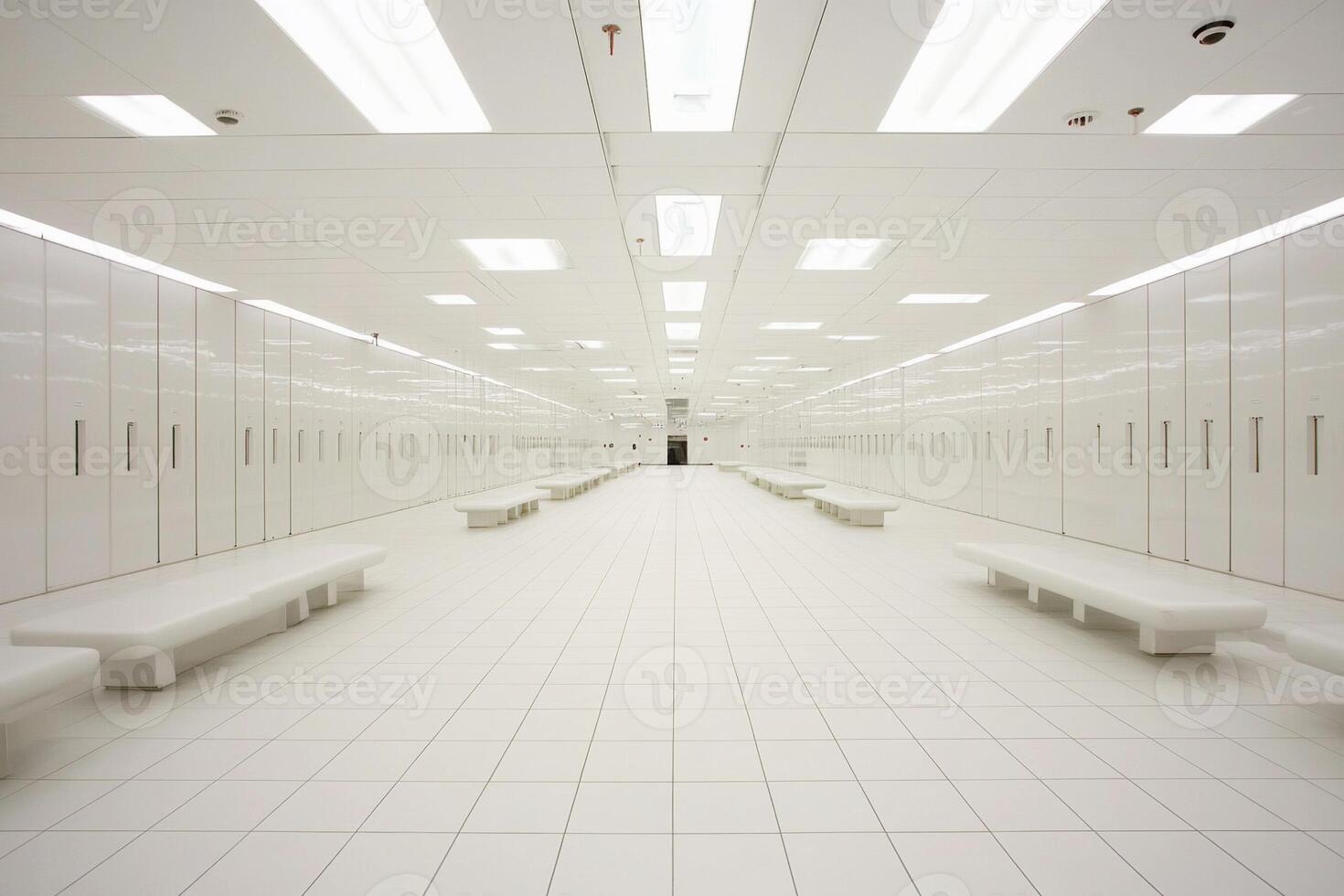 A long hallway with white benches and a row of lockers photo
