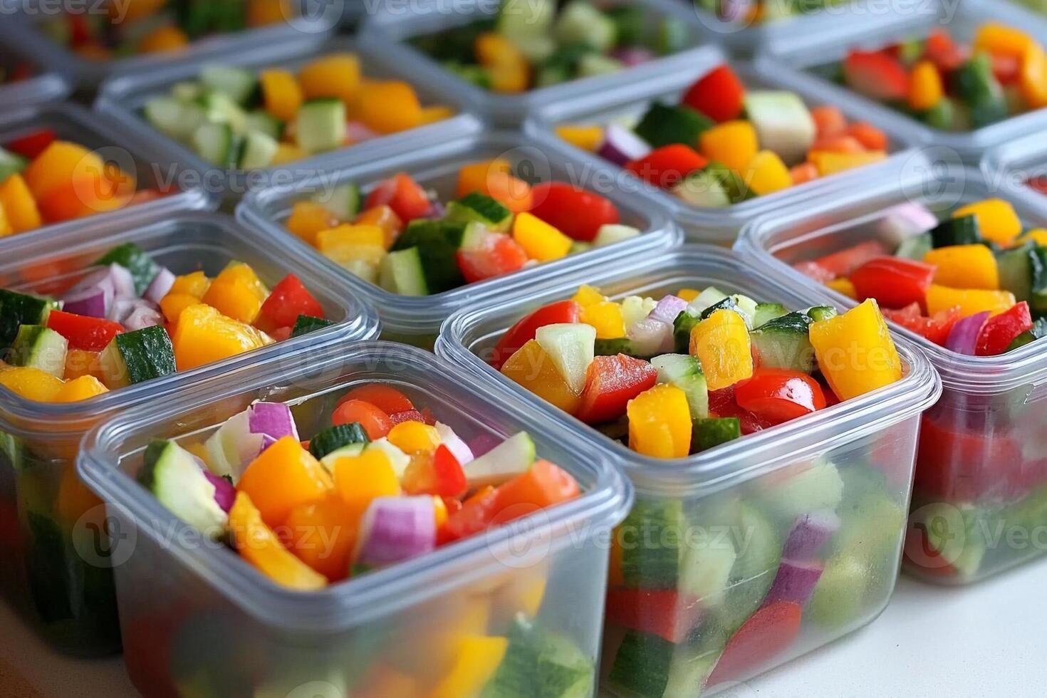 A bunch of plastic containers filled with different types of vegetables photo