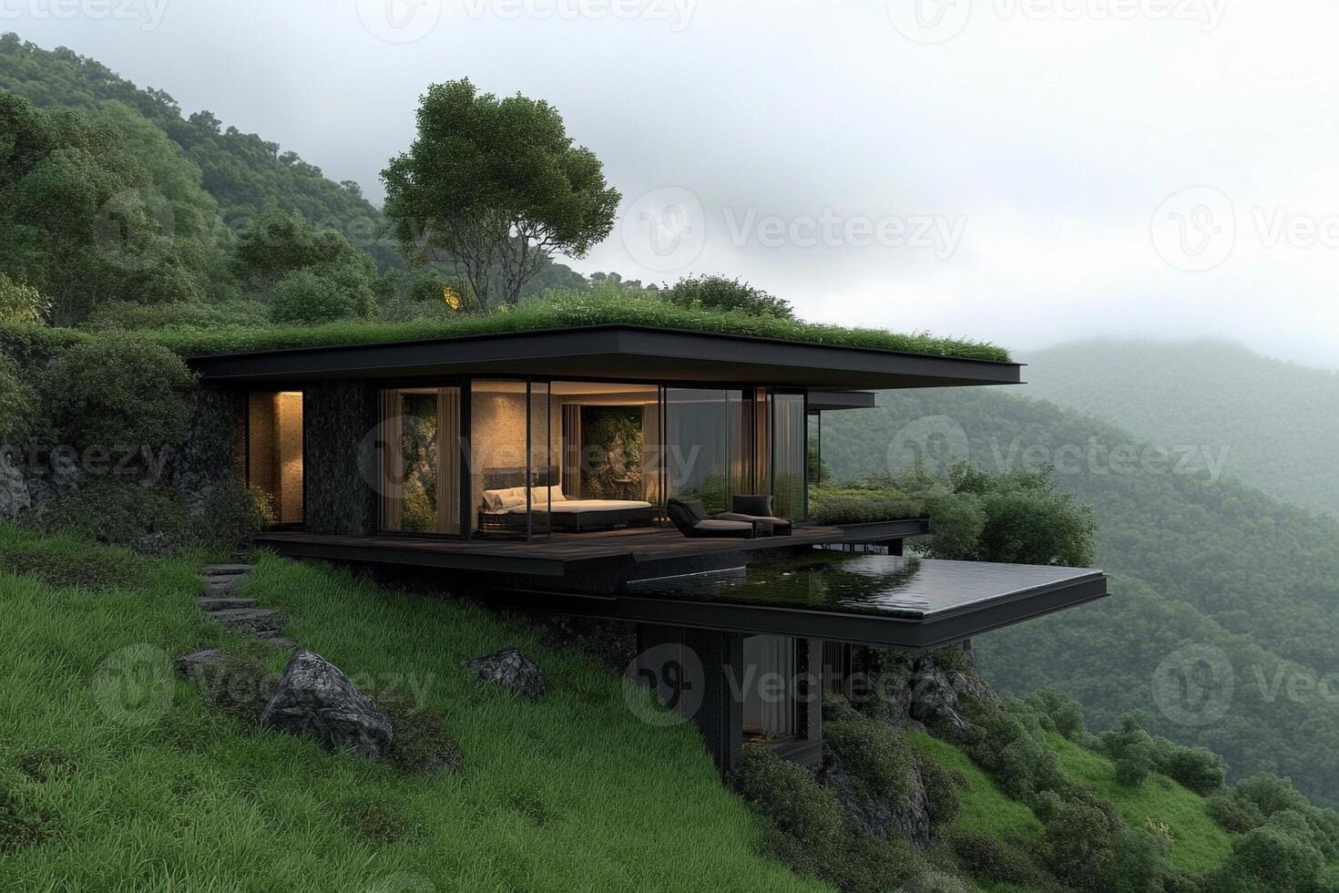 A modern house on top of a hill with grass photo