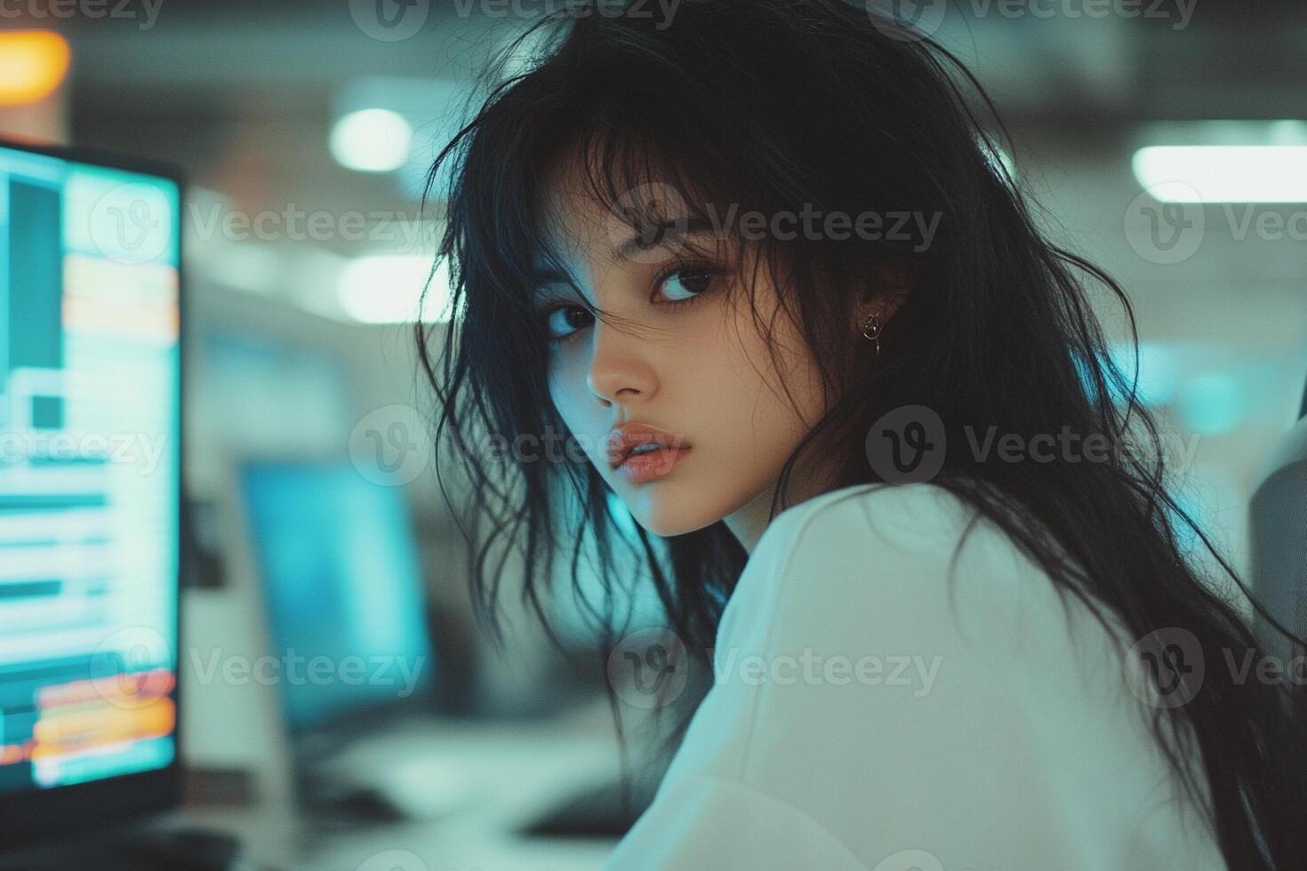 A woman with long black hair sitting in front of a computer photo
