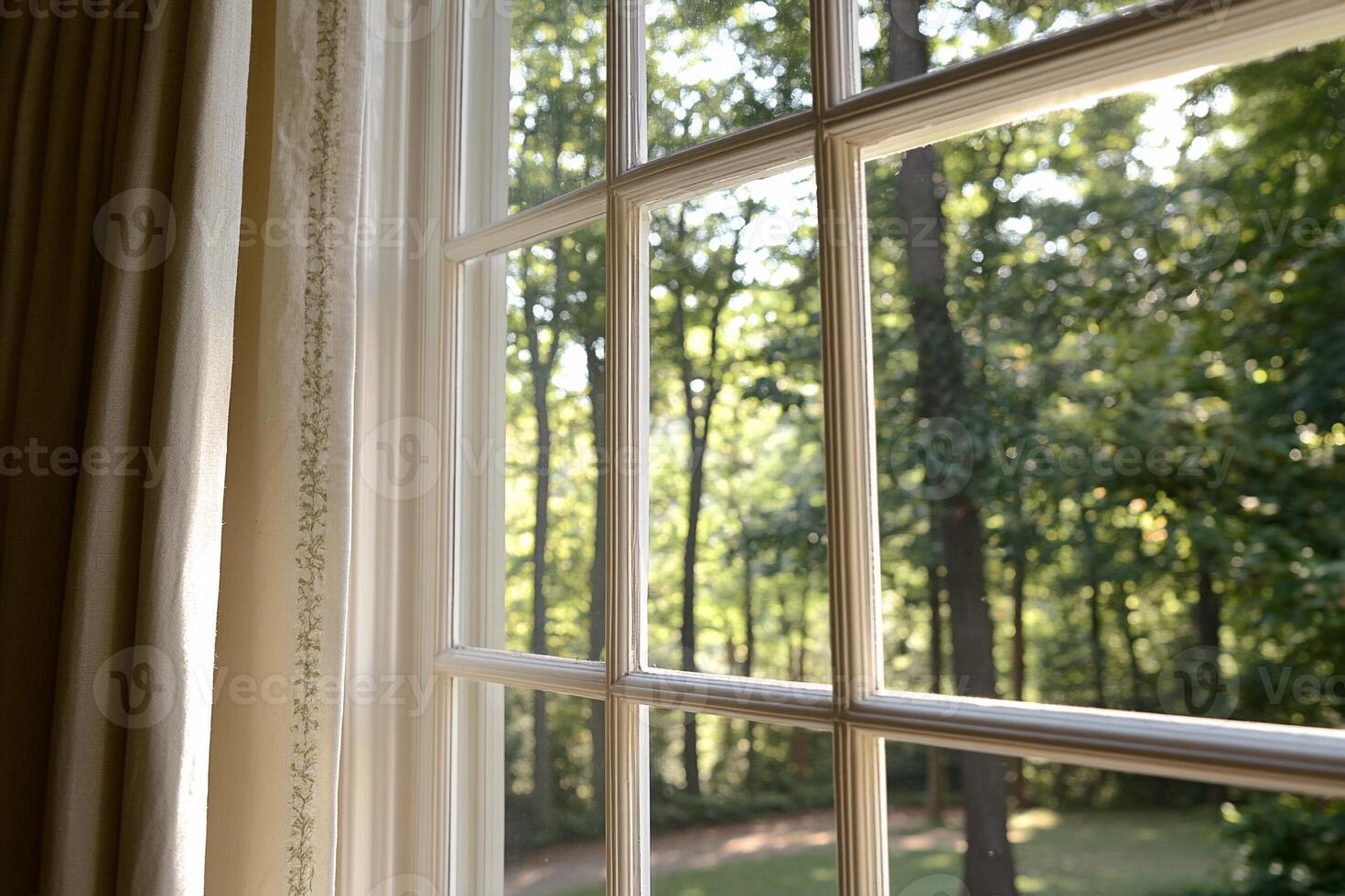 A window with a view of trees and a yard photo
