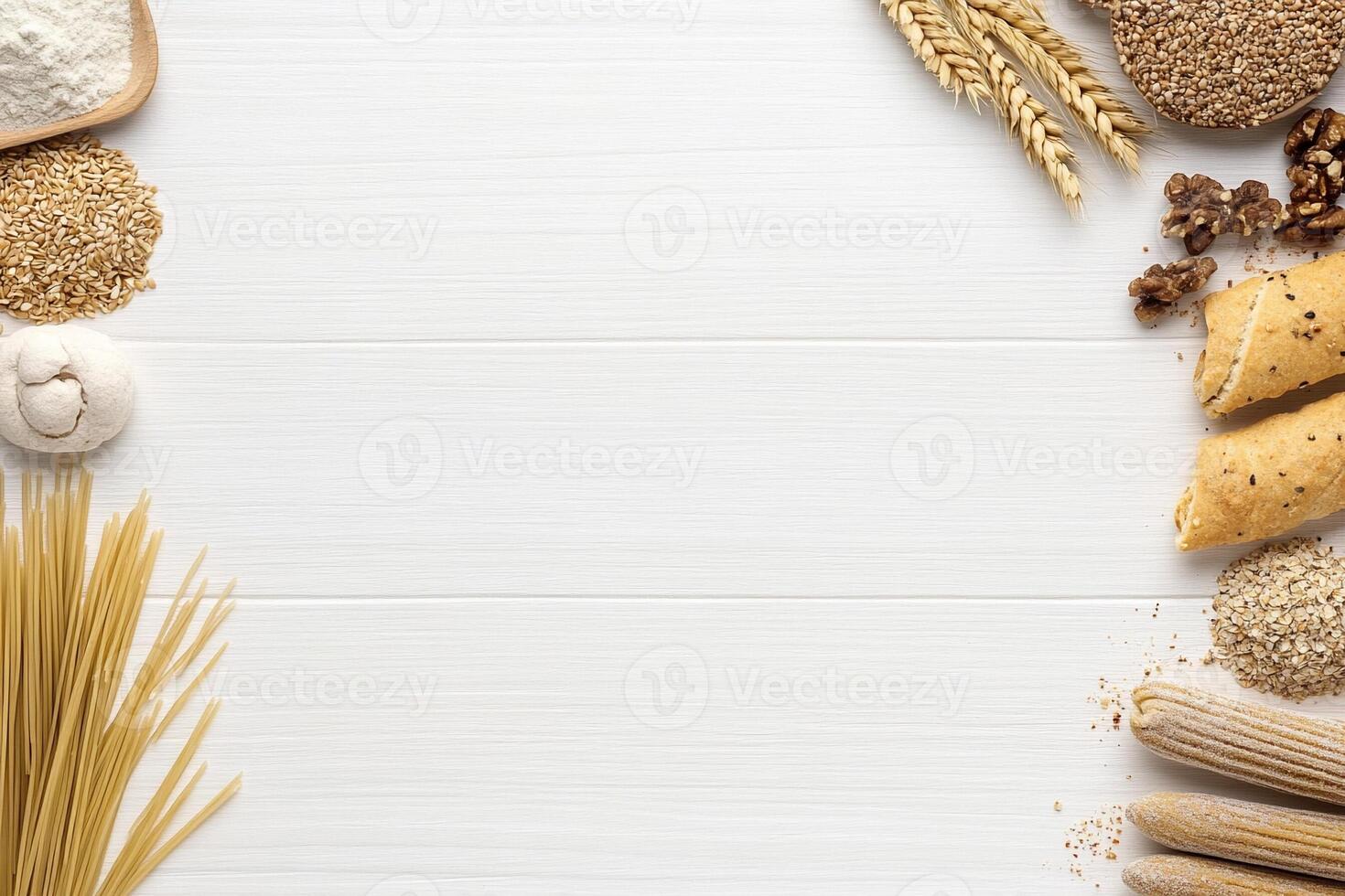Various types of bread, pasta, and other grains on a white table photo