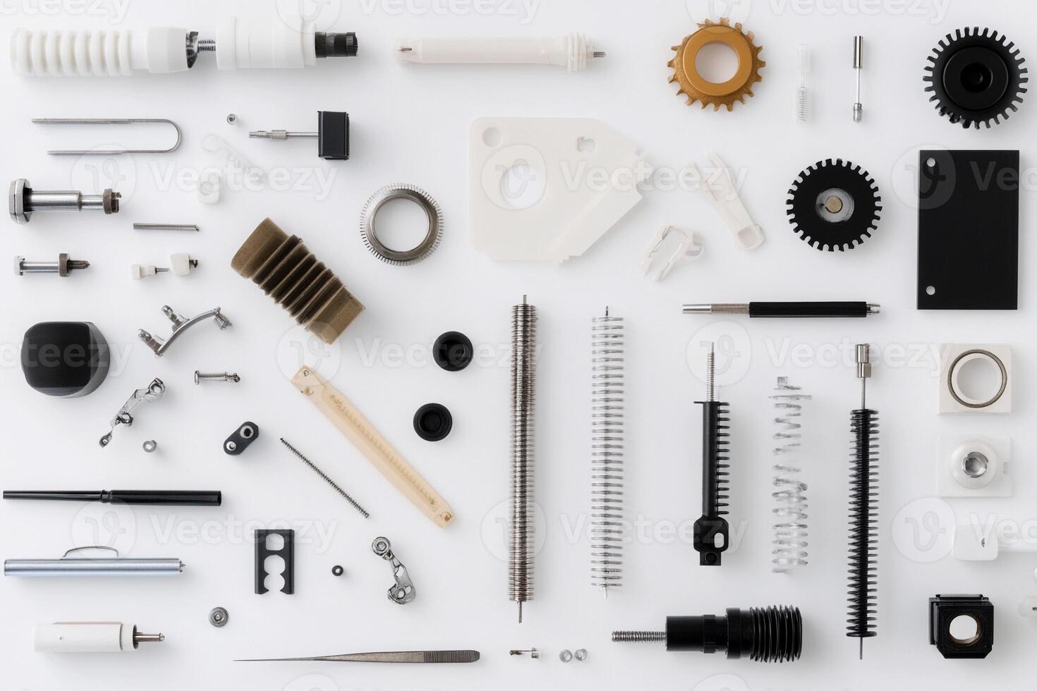 Various types of mechanical parts are arranged on a white surface photo