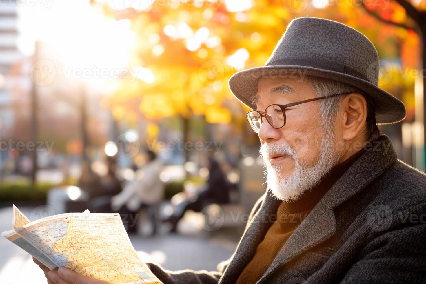 An elderly man with a hat and glasses is reading a map photo