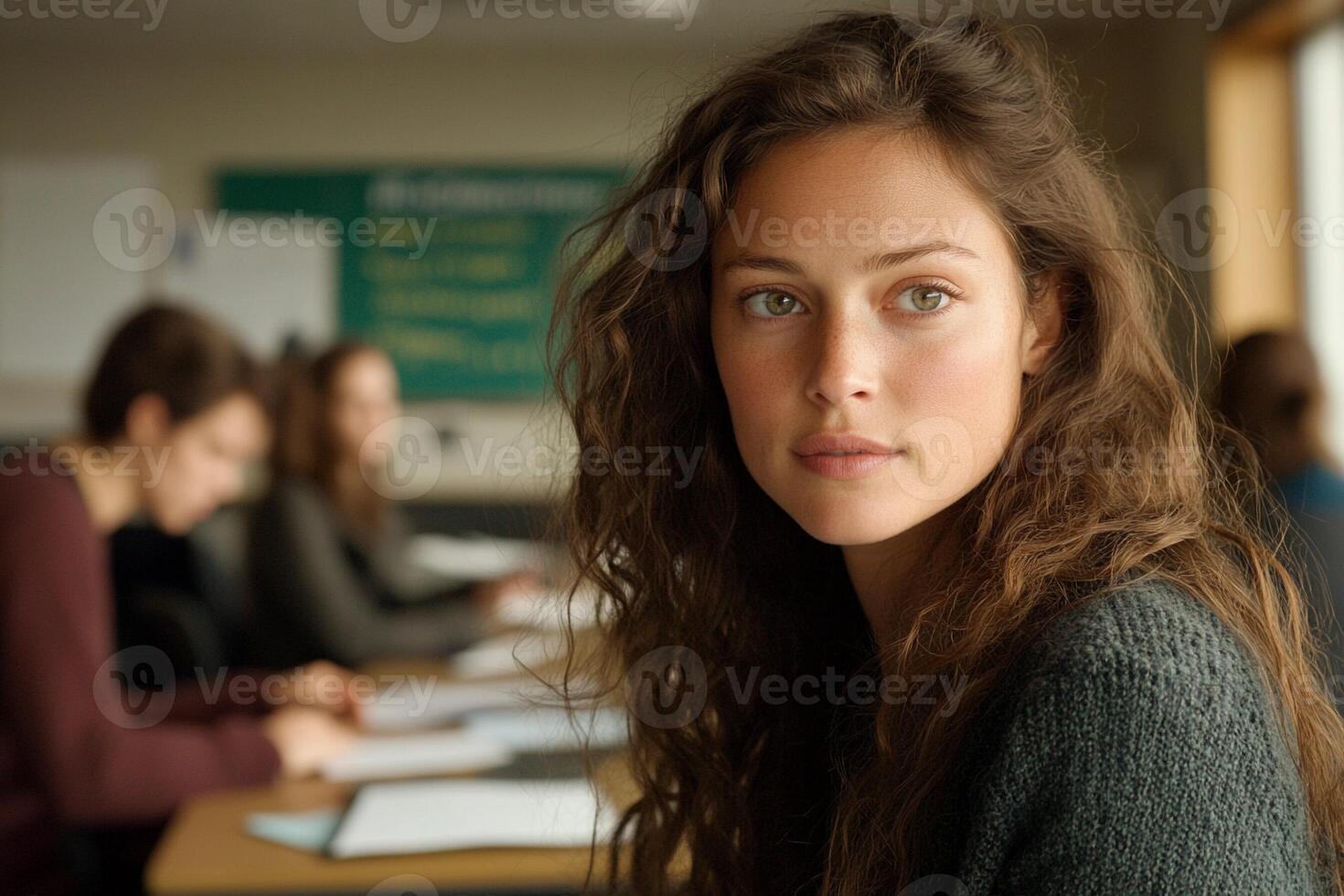 A woman in a classroom with other students photo