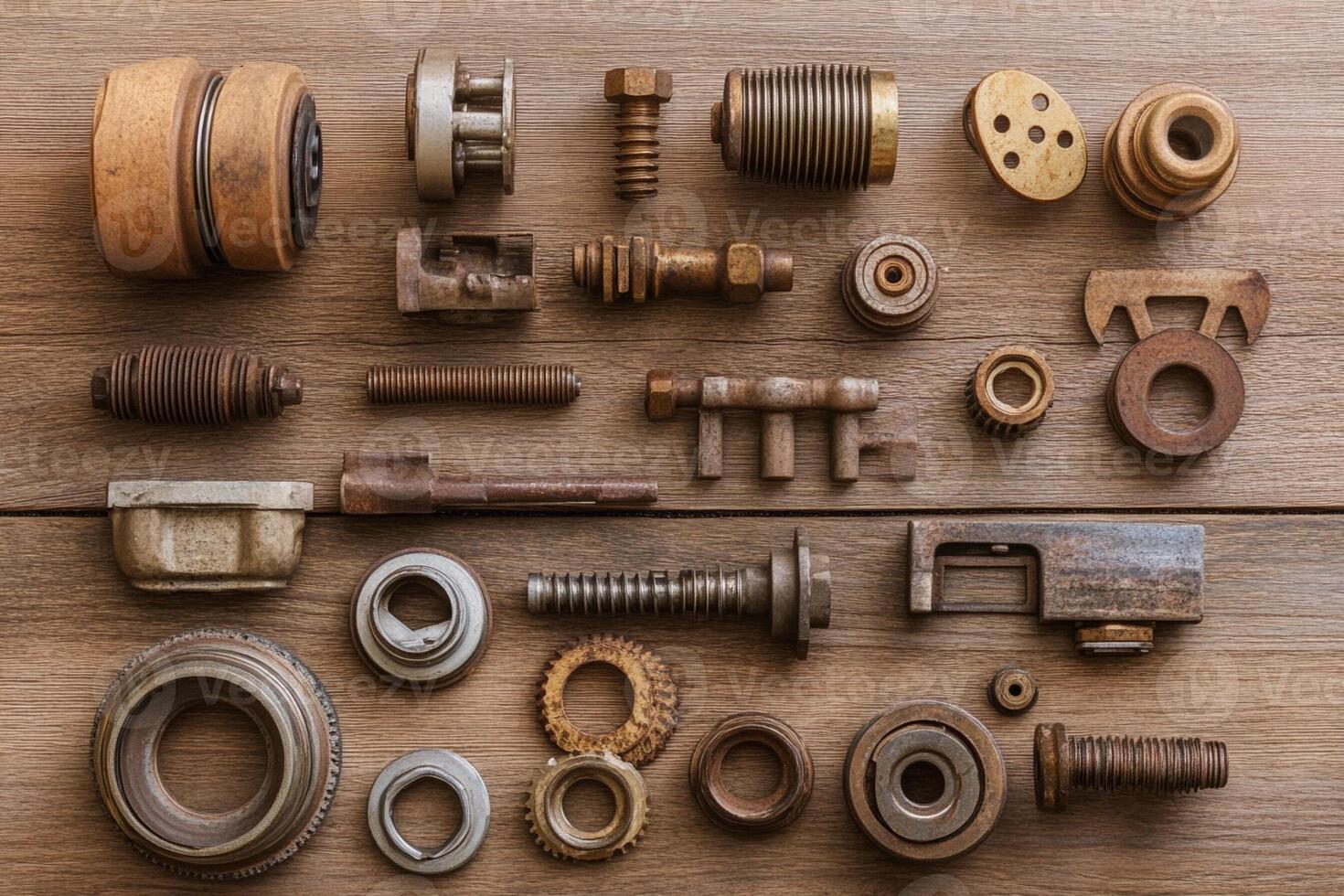 Various types of metal parts on a wooden table photo