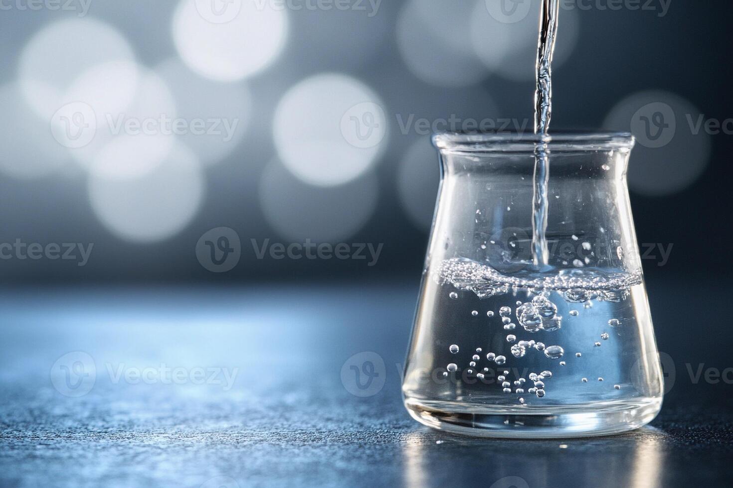 A glass beaker filled with water and some liquid photo